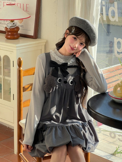 Design Bowknot Dress Bubble Skirt Accents Sleeveless Gray Plush Puppy Ears