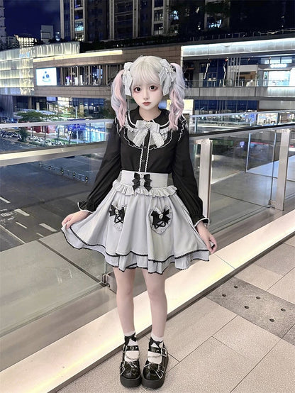 Jirai Kei Black Peter Pan Collar Long Sleeve Blouse Tie with Free Bow