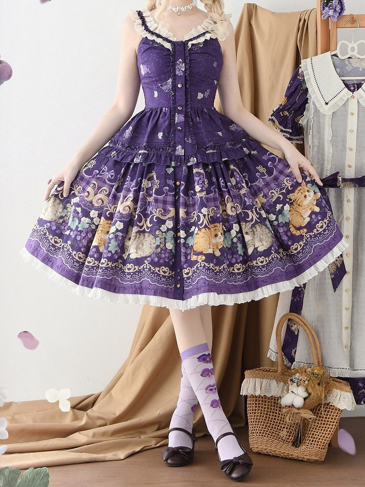 パープルロリータスカロップネックラインアイレットトリムプリントキャミグレープトップ