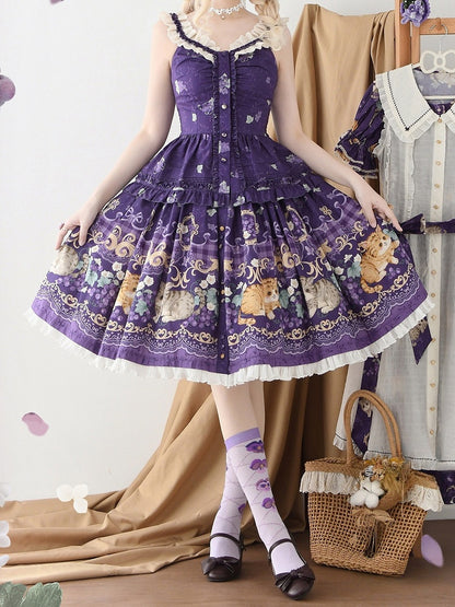 パープルロリータスカロップネックラインアイレットトリムプリントキャミグレープトップ