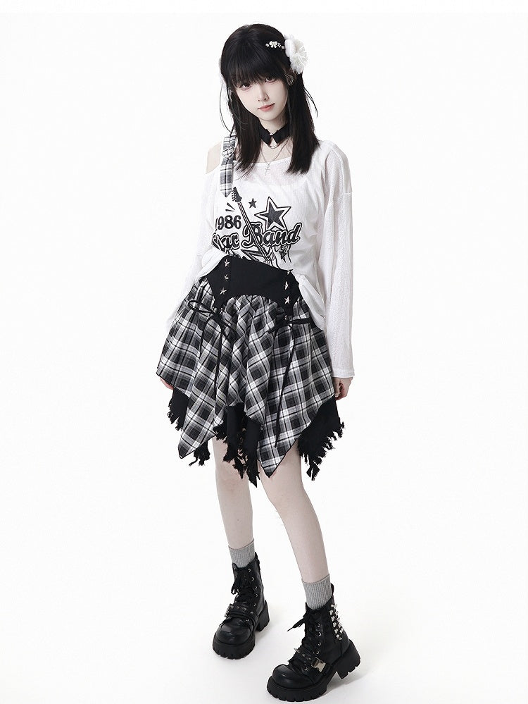 Plaid Skirt White /Black Frayed Handkerchief Hem Blue