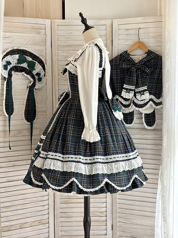 Accents Skirt Jumper Trim Plaid Bow Scalloped Sweet Edge Green with Lolita