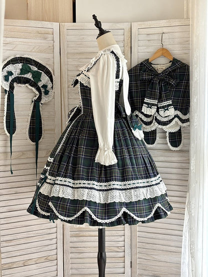 Accents Skirt Jumper Trim Plaid Bow Scalloped Sweet Edge Green with Lolita