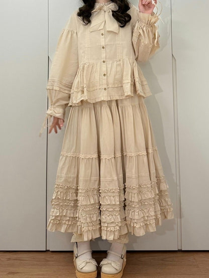 Jupe beige élégante avec ourlet Lolita à plusieurs couches à volants en coton ample
