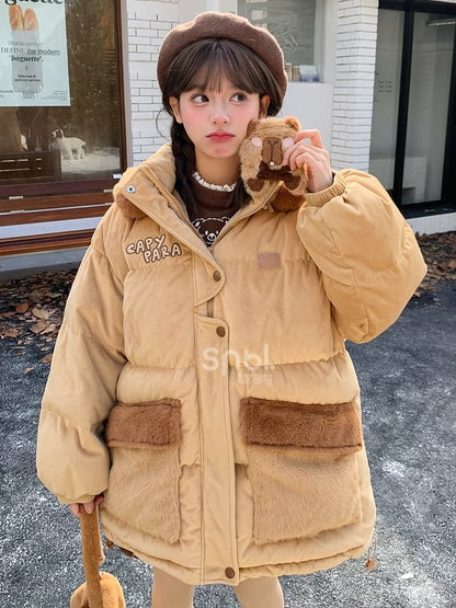 Khaki Cute Capybara Adorned Hooded Down Jacket Detachable Hood