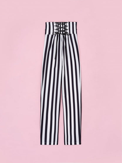 Clown Motif Corset Belt Striped High-Waist Trousers - DevilInspired Exclusive Collection