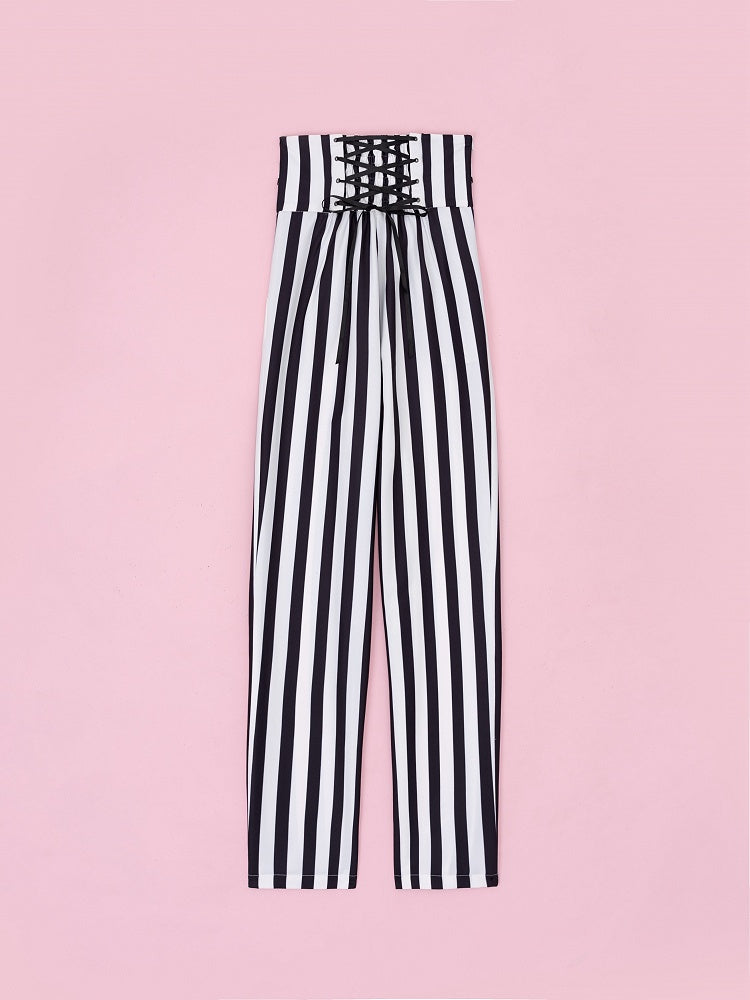 Clown-Inspired High-Waist Striped Pants with Corset Belt - DevilInspired Exclusive Collection