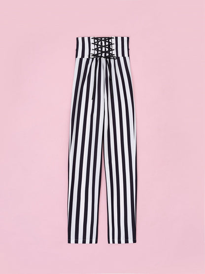 Clown-Inspired High-Waist Striped Pants with Corset Belt - DevilInspired Exclusive Collection