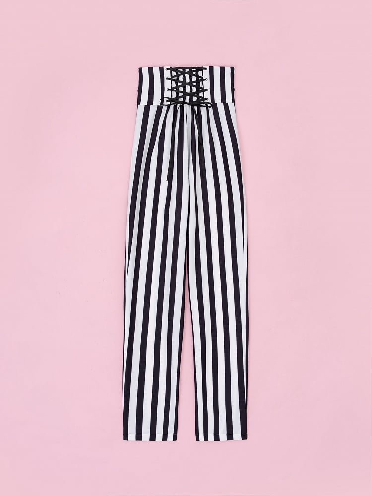 Black and White Striped High-Waist Pants with Corset Belt - DevilInspired Exclusive Collection