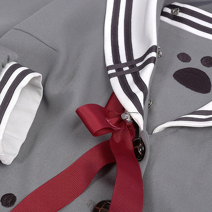 Wolf Motif Gray Sailor-Collar Long Sleeve Tee with Bows and Pom-Poms - To Alice