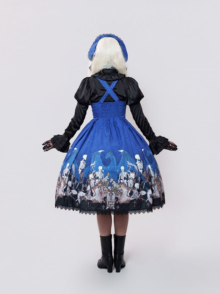 Blue Skeleton Cross Print Under Bust Gothic Lolita Dress with Black Lace Trim - NnSTAR