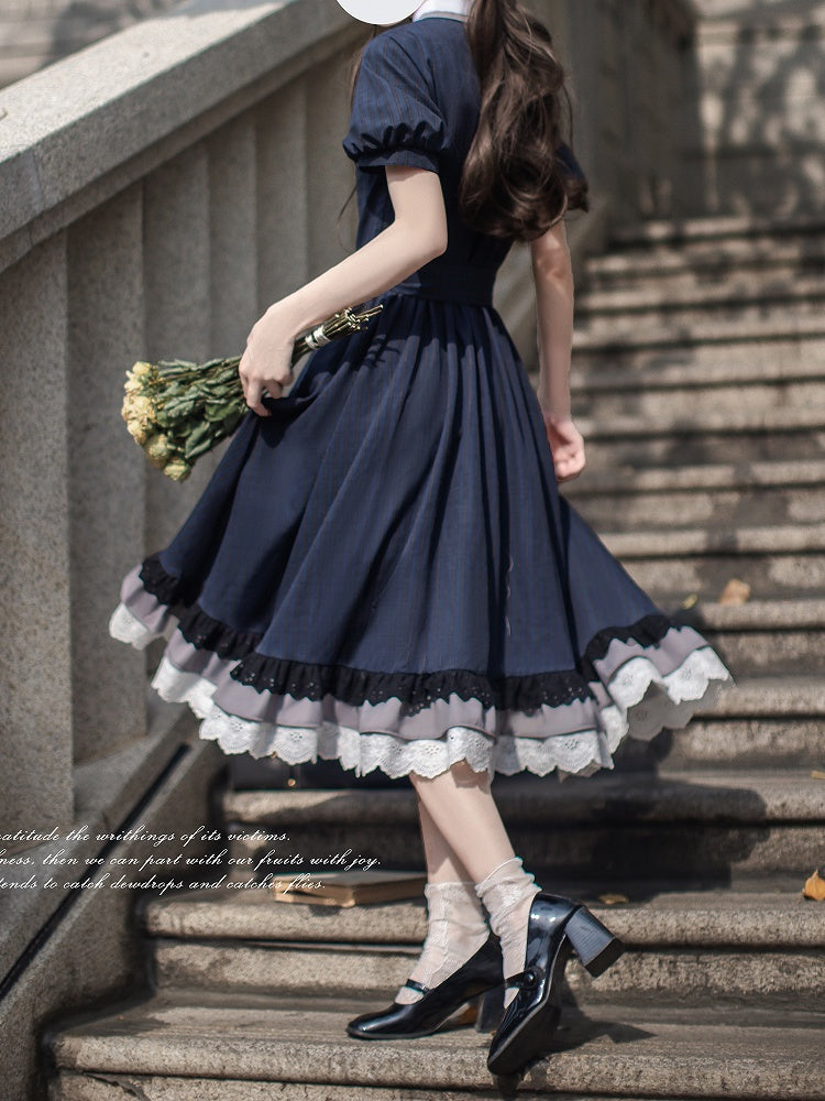Blue Navy Piece Peter Pan Collar and Puff Sleeves Pattern Classic Plaid Lolita One with Elegant in