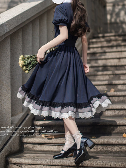 Blue Navy Piece Peter Pan Collar and Puff Sleeves Pattern Classic Plaid Lolita One with Elegant in
