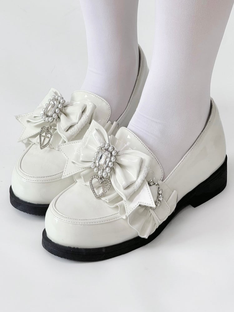 Leather Heels Rhinestone Bead PU Kei with Low Bow Jirai Polished White