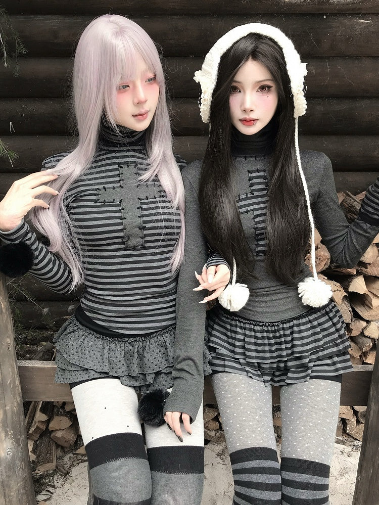 Long Sleeve Cuff Gothic Top Detachable Neck High - Pompon Decor