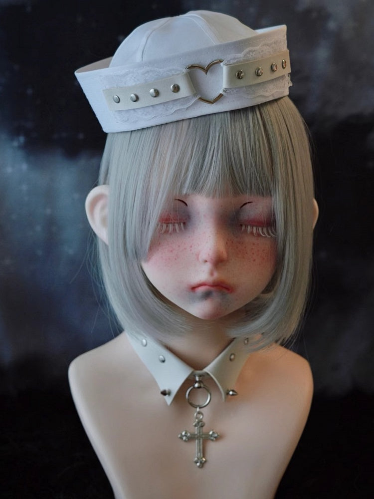 White Studded Heart-shaped Ring Lace Sailor Hat