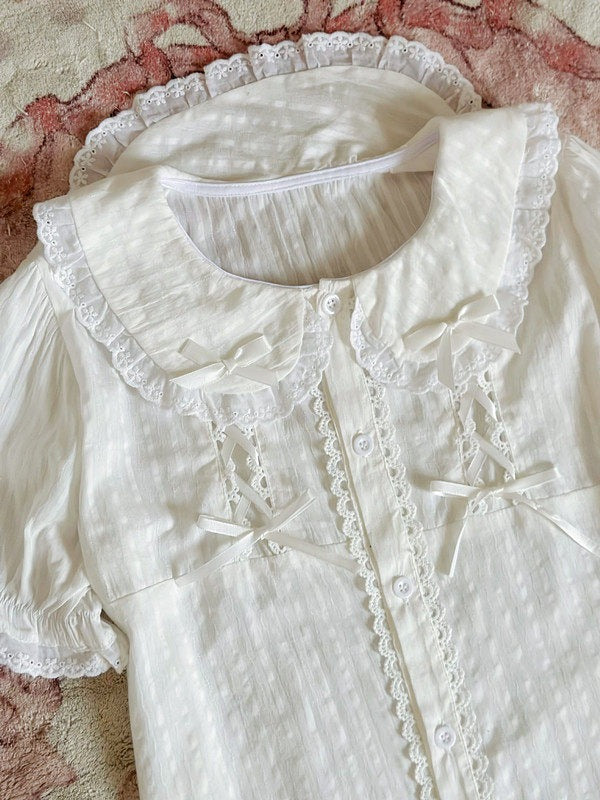 White Sweet Peter Pan Collar Short Sleeve Cotton Blouse Lolita - Jelly Girl
