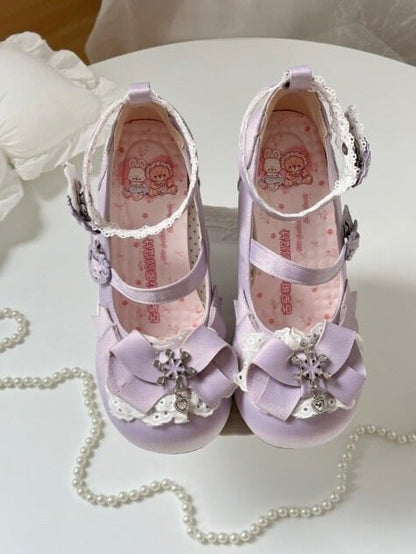 Purple Snow Theme Embossed Slope Heel Shoes with Bow Details - Vintage Sweetheart