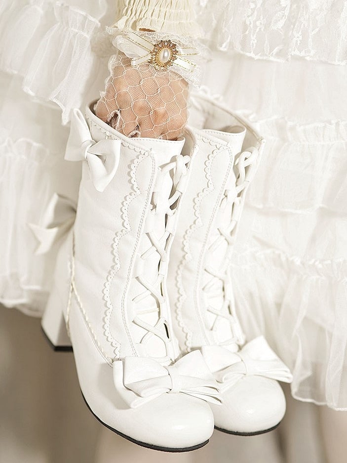White Sweet Bow with Boots Lacing Adjustable Accents Mid-calf Lolita