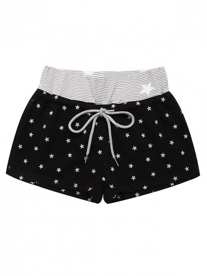 Drawstring Shorts with Star Print & Striped Waistband in Black - Languid Park