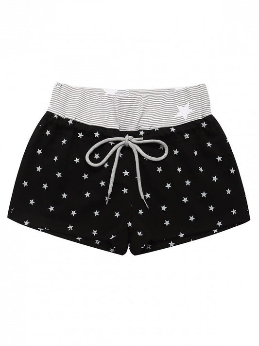 Drawstring Shorts with Star Print & Striped Waistband in Black - Languid Park