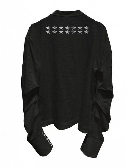 Black Double Neckline Skull Star Print Long Sleeve Punk Top - DETW OnLine