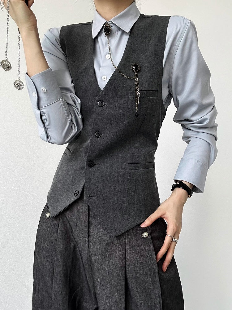 Button-Front  Gray Ouji Lolita Closure V-Neck Vest with Suit