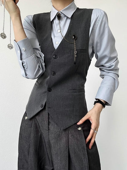 Button-Front  Gray Ouji Lolita Closure V-Neck Vest with Suit