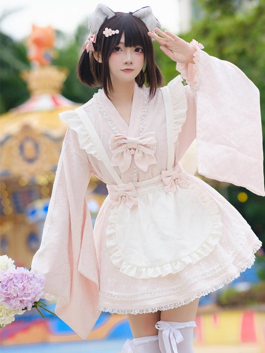Wa Kei Pink Set-Bell Full Style Jirai Sleeves Blossom Apron Dress+Flutter Outfit Festival Cherry