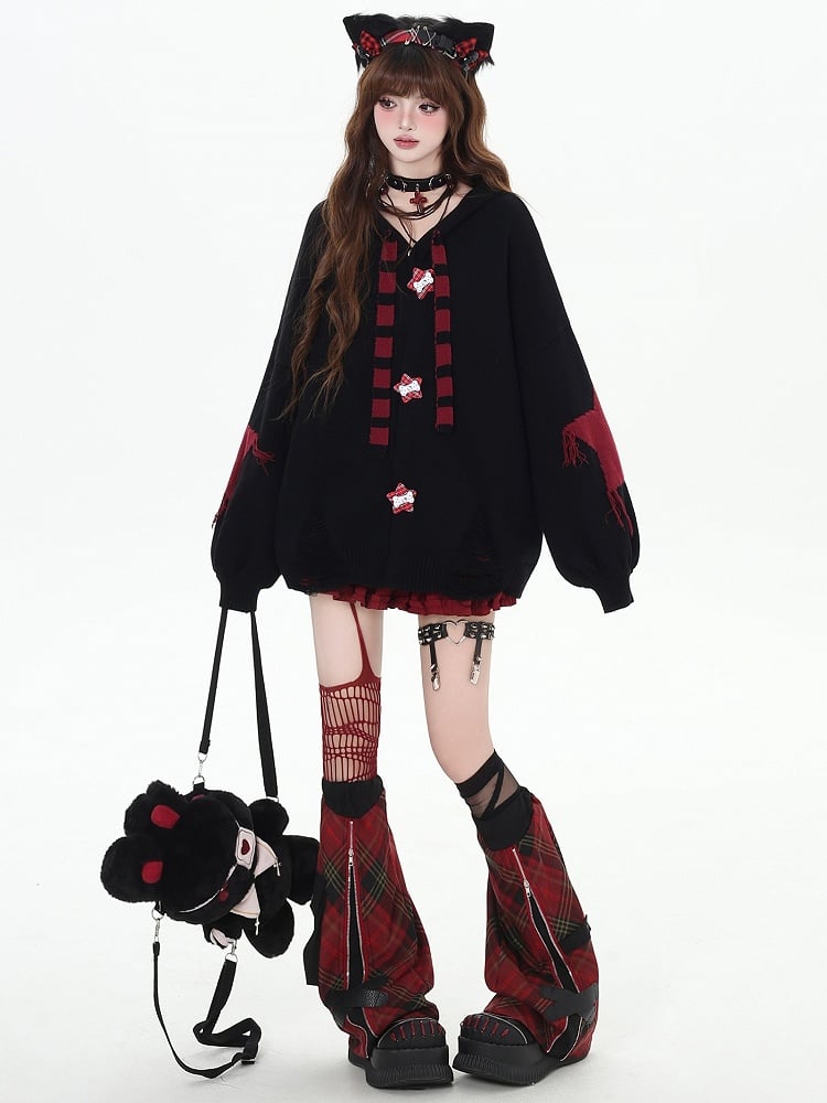 Y2K Schwarz gestreifte Strickjacke mit Hasenohren und Kapuze und V-Ausschnitt