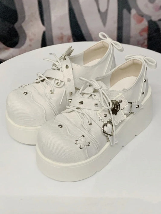 Cross Shoes Style Denim in Platform Decor Skeleton Studs White Details Punk