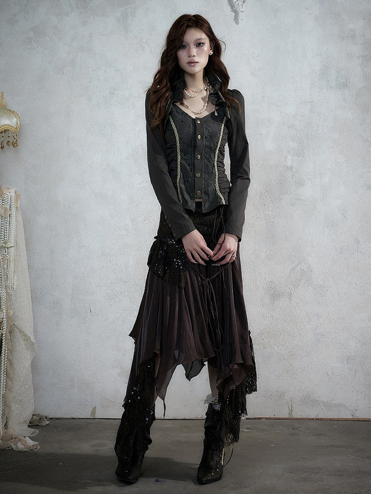 Rococo Punk Army Green Faux Two-Piece Long Sleeve Blouse with Lace and Ruffle Accents - NO ROMANCE