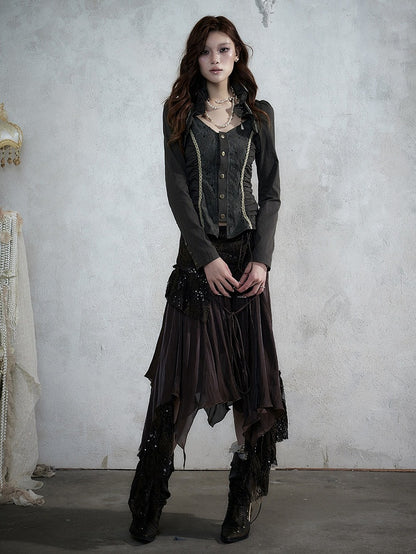 Rococo Punk Army Green Faux Two-Piece Long Sleeve Blouse with Lace and Ruffle Accents - NO ROMANCE