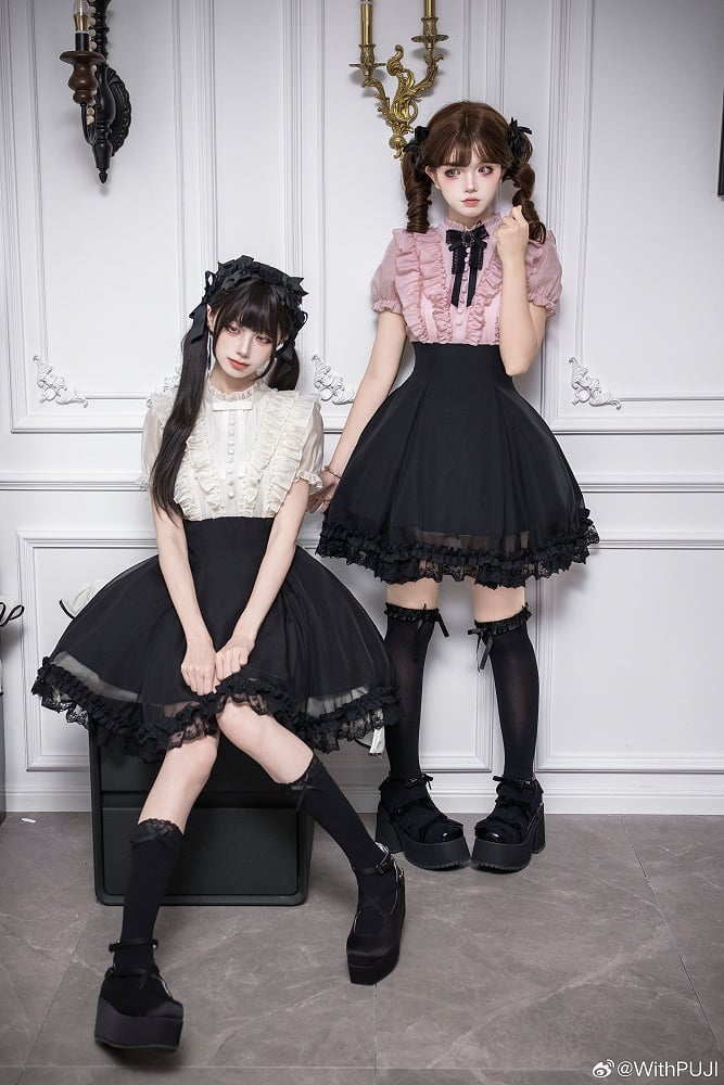 Beige Ruffled Blouse & Black Short Skirt Fake Two Pieces Lolita Dress - With PUJI