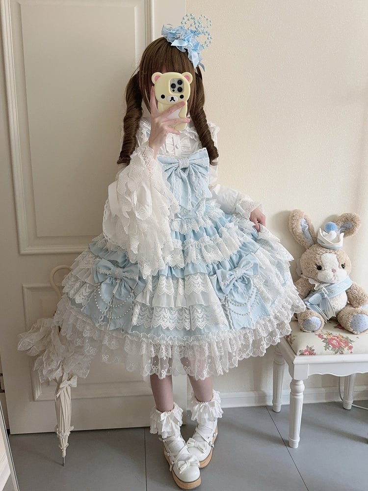 Lolita Rock Kleid Große Schleifen Dekoration Hanayome Blau Tiered
