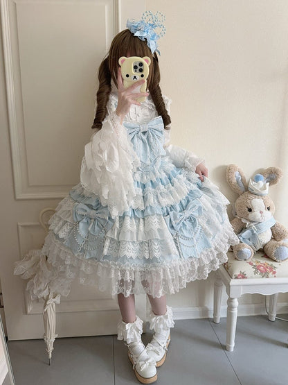 Lolita Rock Kleid Große Schleifen Dekoration Hanayome Blau Tiered