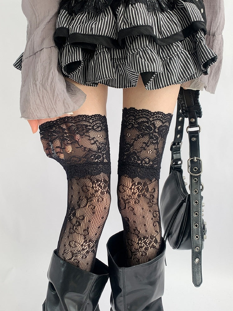 Spitzenstrümpfe Grau/Weiß/Braun/Blau/Schwarzer Besatz Overknee Hohl-Out-Design
