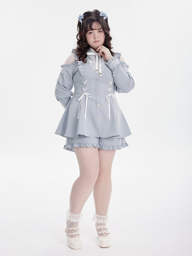 Jirai Ensemble: Kei Set with Alice Long Cut-Outs Shorts Top Sleeve Ethereal Blue Angelcore Shoulder
