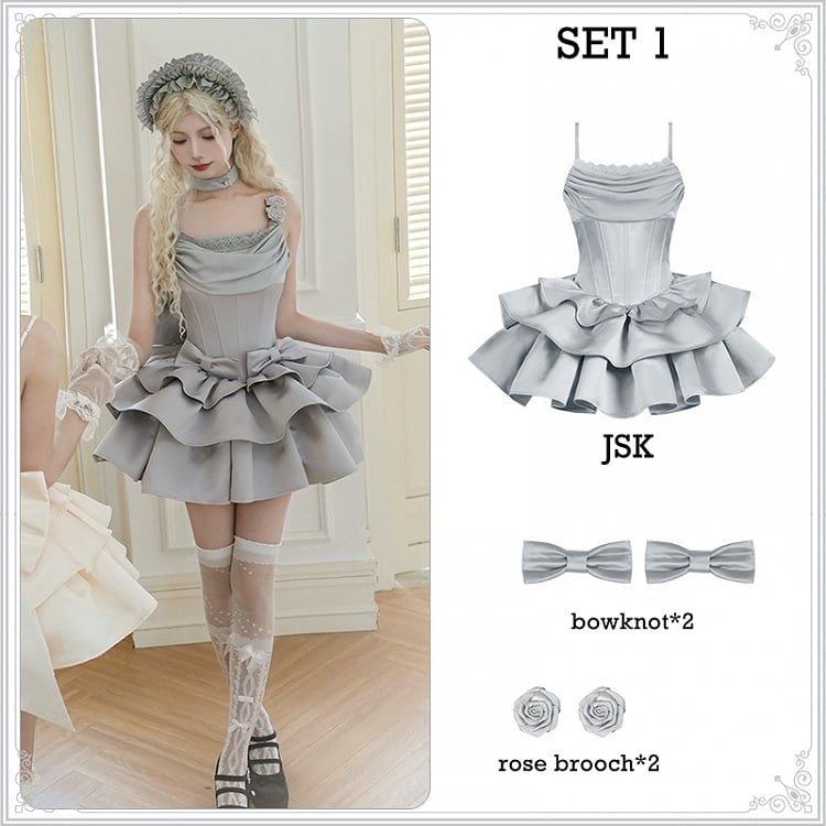 Cowl Spaghetti Kleid Elegante Taillenträger Entbeint Lolita JSK Set Voller Ausschnitt Grau