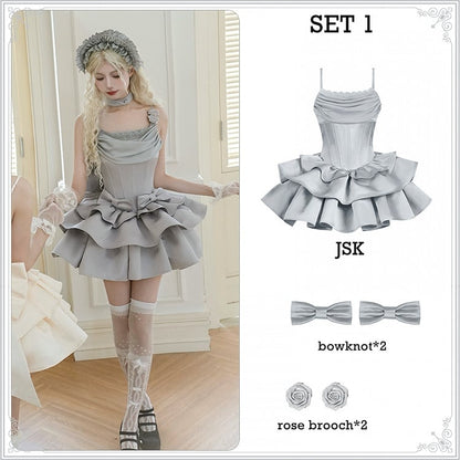 Cowl Spaghetti Kleid Elegante Taillenträger Entbeint Lolita JSK Set Voller Ausschnitt Grau