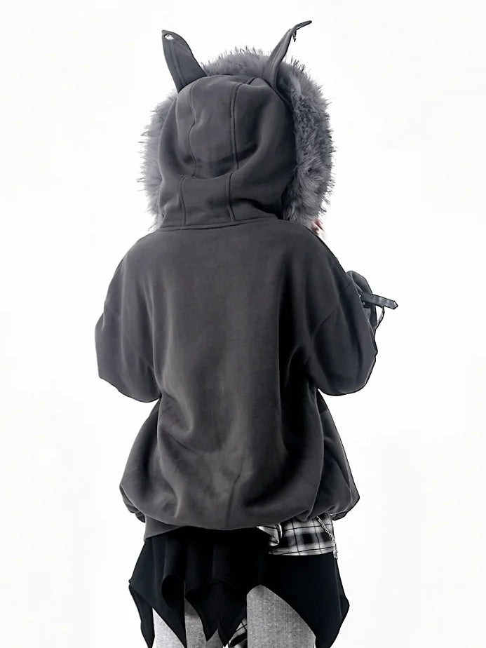 Trim Accents Hooded Grey Ear Spiderweb Hood Prints Plush Jacket with - Bittersweet Wolf