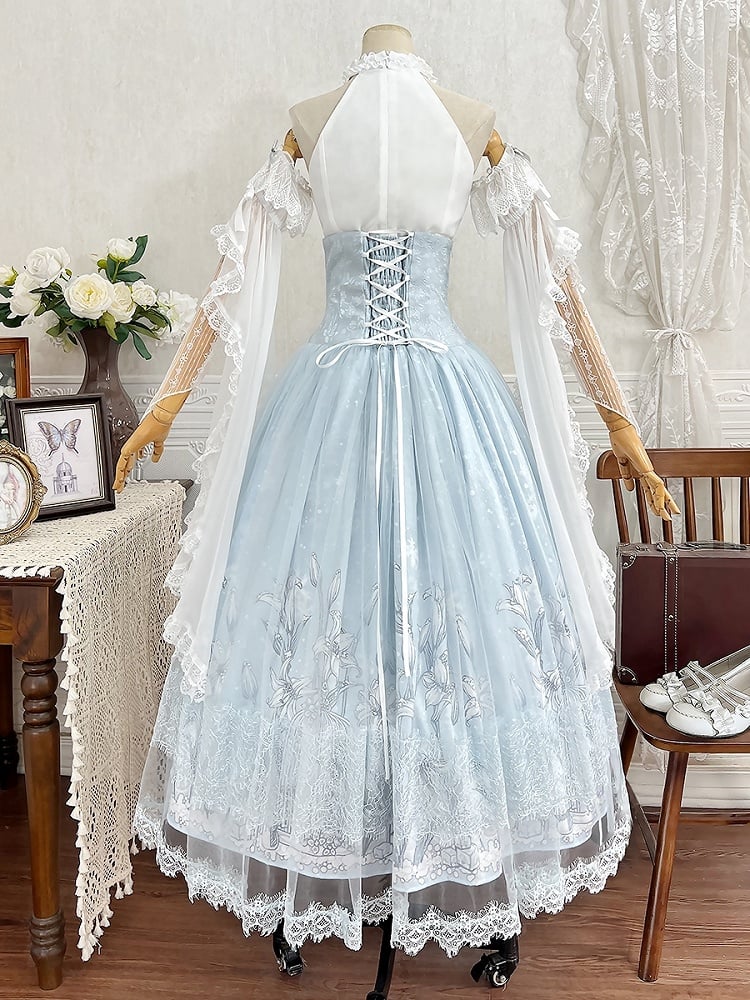 Neck Lily Halter White Blue Top High + Print Sleeveless Super