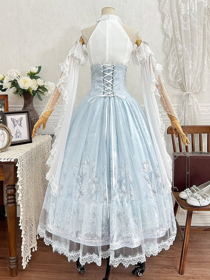 Neck Lily Halter White Blue Top High + Print Sleeveless Super