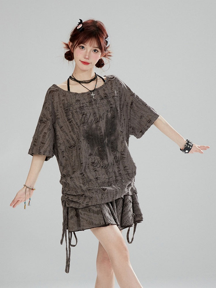 T-shirt Wasteland Butterfly Drawstrings Gray Punk Print with