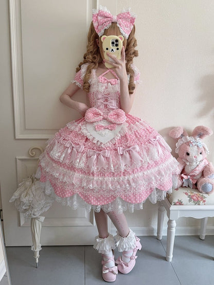 Kleid Schleife Lolita Muster Rosa Ärmel Schule Kurze Akzente Alt Süß Polka Dots