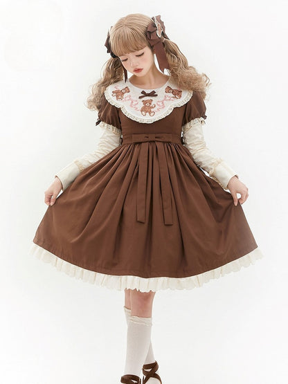 Trim Sweet Lace Bear Teddy Embroidered Lolita Sleeves Dresswith Puff Neckline Brown