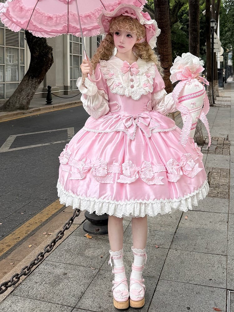 Trimmed Pink White and Bow Sweet Lace Bead Details with Dress Lolita
