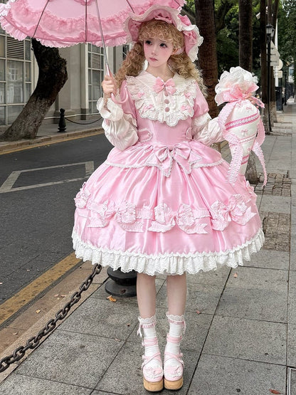 Trimmed Pink White and Bow Sweet Lace Bead Details with Dress Lolita