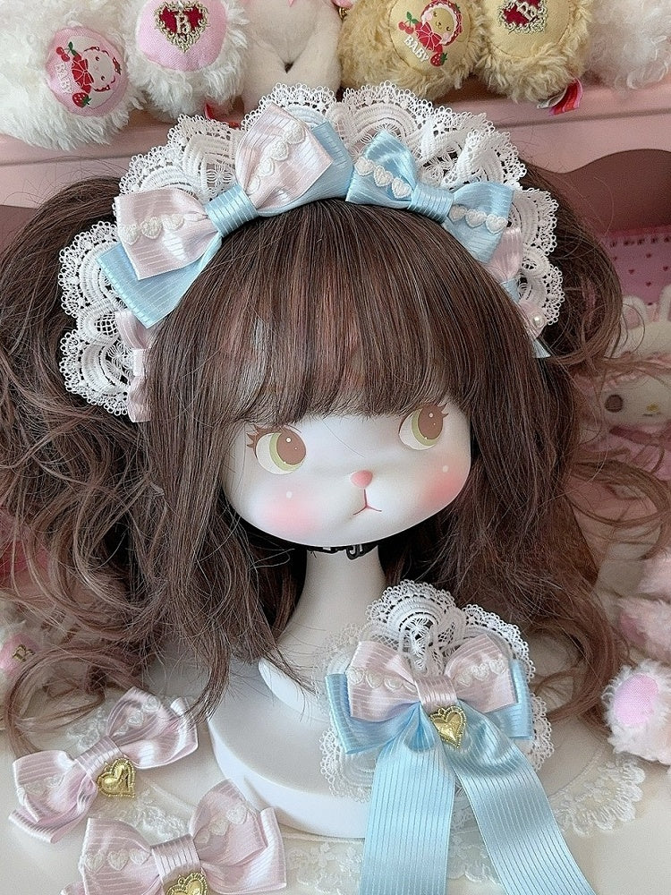 WhiteBlue Trim Details KC Lace Decorated Bowknot Heart