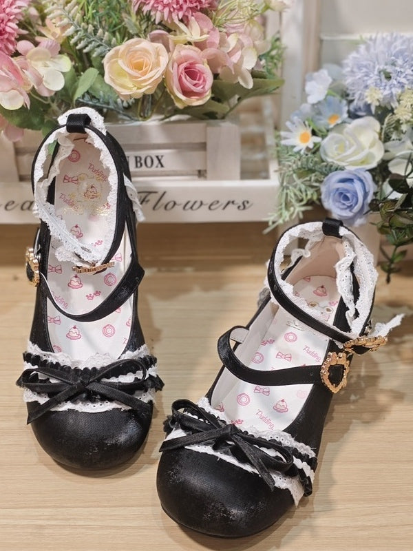 Bow Janes Romantic Low-heel Mary Black Heart PU Fastener Knot with in